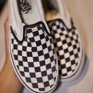 Checkered Vans black and white slip ons women’s size 9